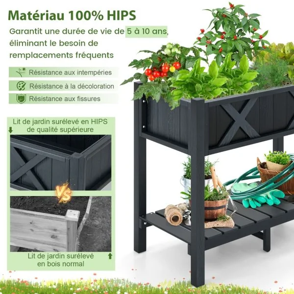 Jardinière Surélevé en HIPS Trous de Drainage Étagère de Rangement Inférieure Barres Transversales Renforcées Noir