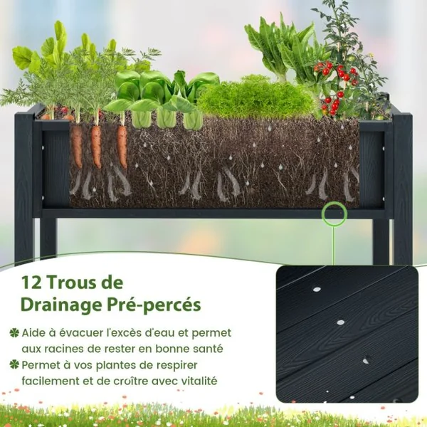 Jardinière Surélevé en HIPS Trous de Drainage Étagère de Rangement Inférieure Barres Transversales Renforcées Noir