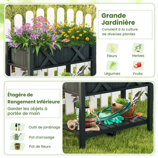Jardinière Surélevé en HIPS Trous de Drainage Étagère de Rangement Inférieure Barres Transversales Renforcées Noir