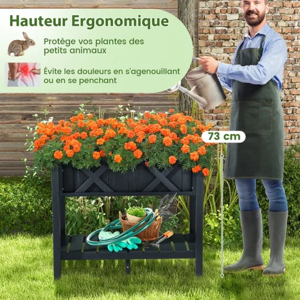 Jardinière Surélevé en HIPS Trous de Drainage Étagère de Rangement Inférieure Barres Transversales Renforcées Noir