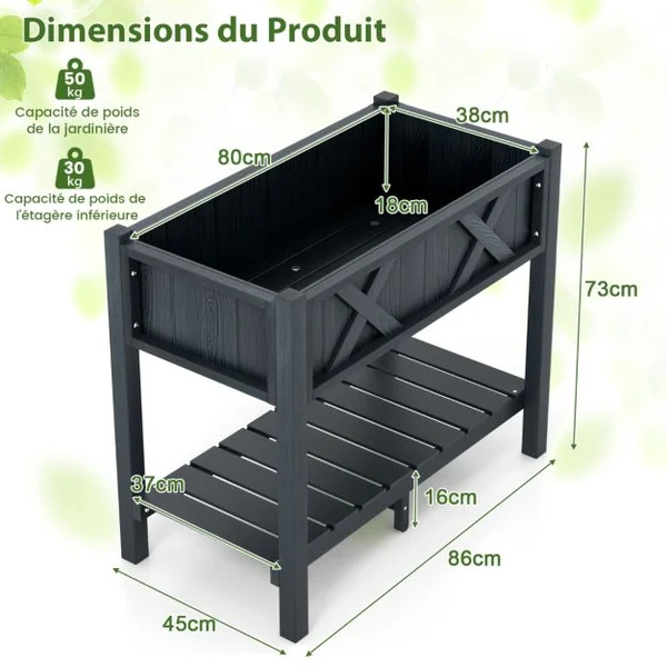 Jardinière Surélevé en HIPS Trous de Drainage Étagère de Rangement Inférieure Barres Transversales Renforcées Noir