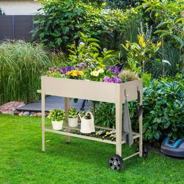 Jardinière Surélevé en Métal avec Pieds Lit de Jardin sur Roulette avec Étagère Trous de Drainage Crochets de Suspension et Poignée Blanc