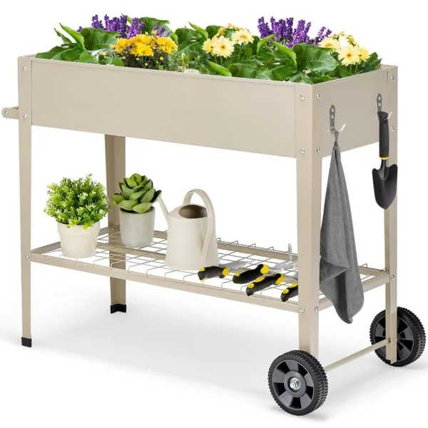 Jardinière Surélevé en Métal avec Pieds Lit de Jardin sur Roulette avec Étagère Trous de Drainage Crochets de Suspension et Poignée Blanc