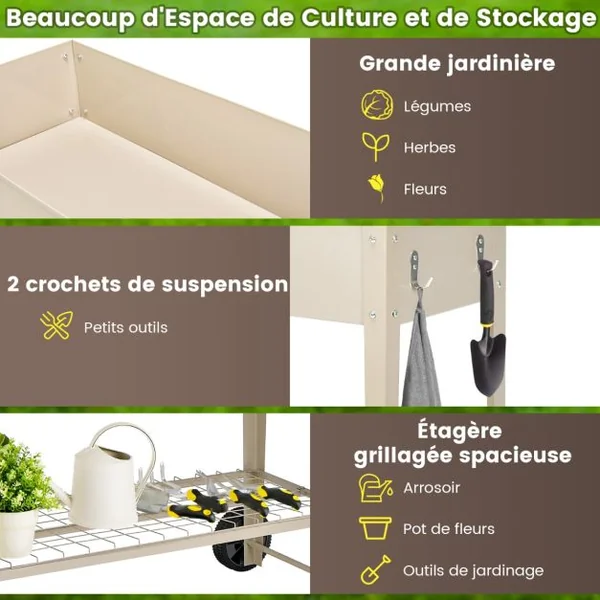 Jardinière Surélevé en Métal avec Pieds Lit de Jardin sur Roulette avec Étagère Trous de Drainage Crochets de Suspension et Poignée Blanc