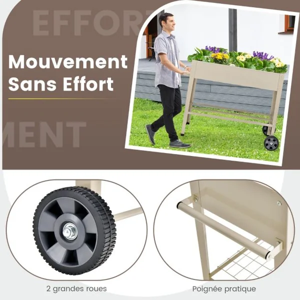 Jardinière Surélevé en Métal avec Pieds Lit de Jardin sur Roulette avec Étagère Trous de Drainage Crochets de Suspension et Poignée Blanc