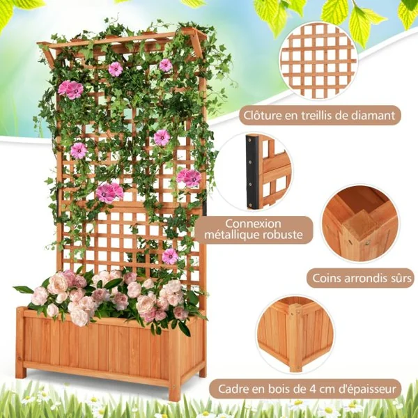 Jardinière Surélevée avec Treillis en Bois de Sapin avec Trou de Drainage Bac à Fleurs Lit de Jardin Résistance aux Intempéries Naturel