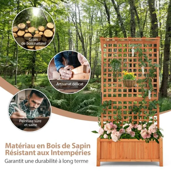 Jardinière Surélevée avec Treillis en Bois de Sapin avec Trou de Drainage Bac à Fleurs Lit de Jardin Résistance aux Intempéries Naturel