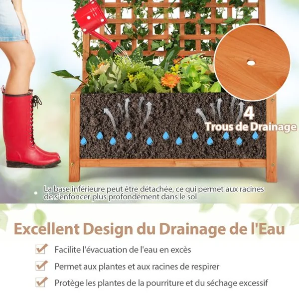 Jardinière Surélevée avec Treillis en Bois de Sapin avec Trou de Drainage Bac à Fleurs Lit de Jardin Résistance aux Intempéries Naturel