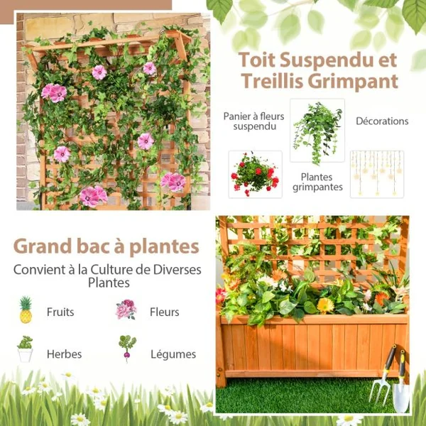 Jardinière Surélevée avec Treillis en Bois de Sapin avec Trou de Drainage Bac à Fleurs Lit de Jardin Résistance aux Intempéries Naturel