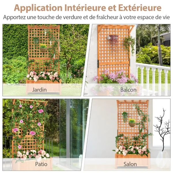 Jardinière Surélevée avec Treillis en Bois de Sapin avec Trou de Drainage Bac à Fleurs Lit de Jardin Résistance aux Intempéries Naturel