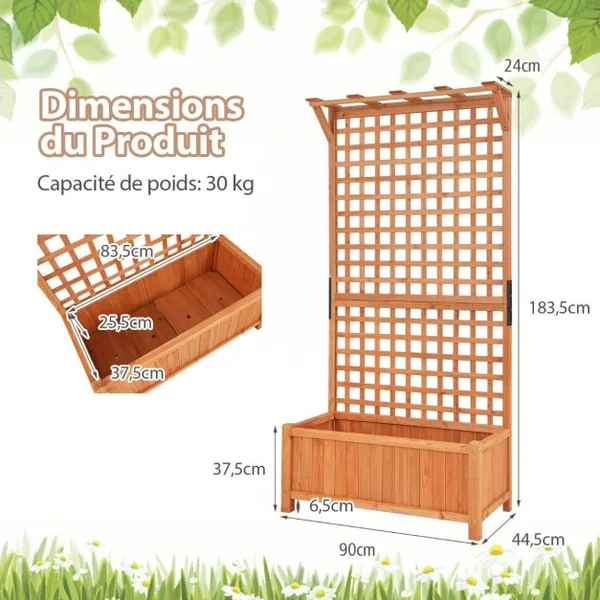 Jardinière Surélevée avec Treillis en Bois de Sapin avec Trou de Drainage Bac à Fleurs Lit de Jardin Résistance aux Intempéries Naturel