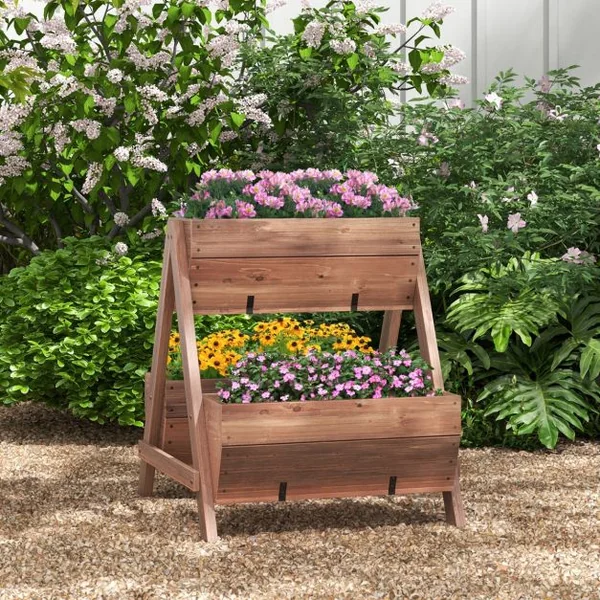 Jardinière Surélevée en Bois de Sapin 3 Bacs à Fleurs Trous de Drainage Jardinière sur Pieds Légumes Fleurs Fruits Brun