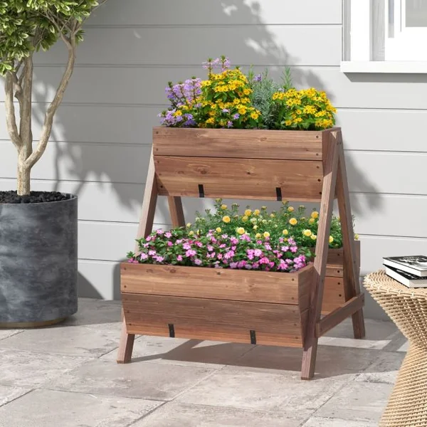 Jardinière Surélevée en Bois de Sapin 3 Bacs à Fleurs Trous de Drainage Jardinière sur Pieds Légumes Fleurs Fruits Brun