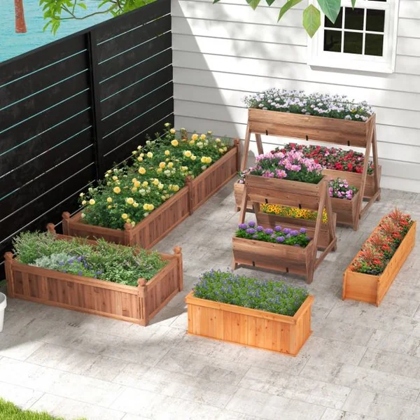 Jardinière Surélevée en Bois de Sapin 3 Bacs à Fleurs Trous de Drainage Jardinière sur Pieds Légumes Fleurs Fruits Brun