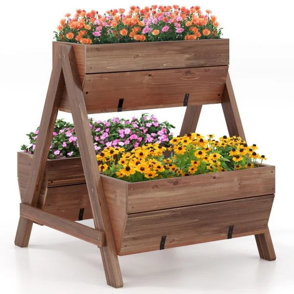 Jardinière Surélevée en Bois de Sapin 3 Bacs à Fleurs Trous de Drainage Jardinière sur Pieds Légumes Fleurs Fruits Brun