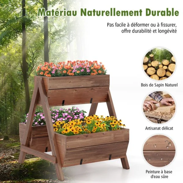 Jardinière Surélevée en Bois de Sapin 3 Bacs à Fleurs Trous de Drainage Jardinière sur Pieds Légumes Fleurs Fruits Brun