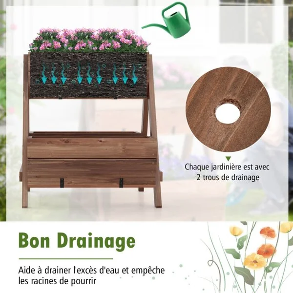 Jardinière Surélevée en Bois de Sapin 3 Bacs à Fleurs Trous de Drainage Jardinière sur Pieds Légumes Fleurs Fruits Brun