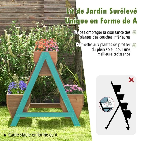 Jardinière Surélevée en Bois de Sapin 3 Bacs à Fleurs Trous de Drainage Jardinière sur Pieds Légumes Fleurs Fruits Brun