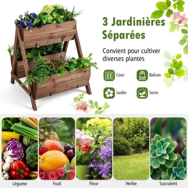 Jardinière Surélevée en Bois de Sapin 3 Bacs à Fleurs Trous de Drainage Jardinière sur Pieds Légumes Fleurs Fruits Brun