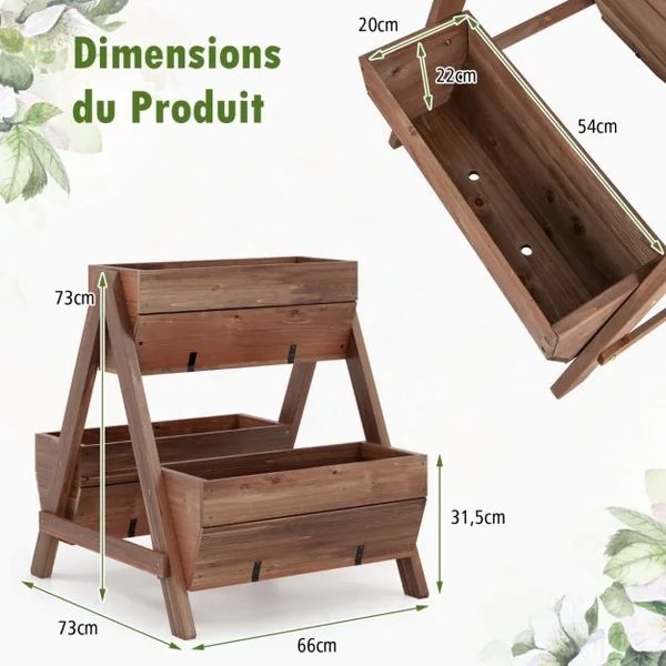 Jardinière Surélevée en Bois de Sapin 3 Bacs à Fleurs Trous de Drainage Jardinière sur Pieds Légumes Fleurs Fruits Brun