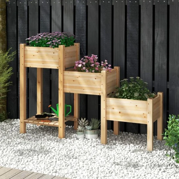 Jardinière Surélevée en Bois de Sapin 3 Bacs à Fleurs Trous de Drainage Peinture DIY Jardinière sur Pieds Légumes Fleurs Naturel