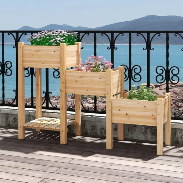 Jardinière Surélevée en Bois de Sapin 3 Bacs à Fleurs Trous de Drainage Peinture DIY Jardinière sur Pieds Légumes Fleurs Naturel