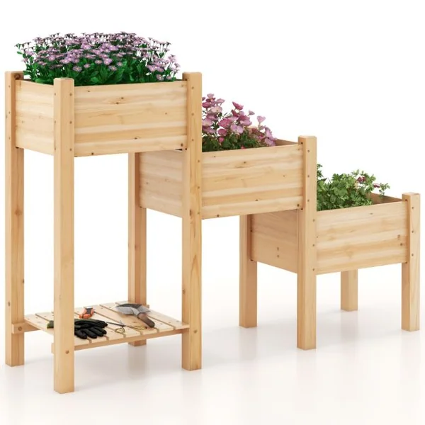 Jardinière Surélevée en Bois de Sapin 3 Bacs à Fleurs Trous de Drainage Peinture DIY Jardinière sur Pieds Légumes Fleurs Naturel