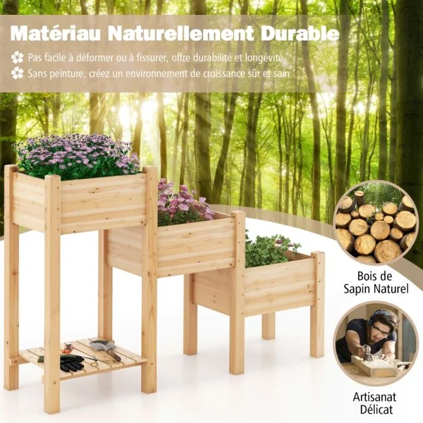 Jardinière Surélevée en Bois de Sapin 3 Bacs à Fleurs Trous de Drainage Peinture DIY Jardinière sur Pieds Légumes Fleurs Naturel