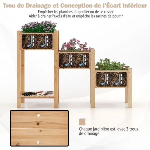 Jardinière Surélevée en Bois de Sapin 3 Bacs à Fleurs Trous de Drainage Peinture DIY Jardinière sur Pieds Légumes Fleurs Naturel