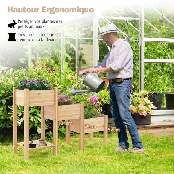 Jardinière Surélevée en Bois de Sapin 3 Bacs à Fleurs Trous de Drainage Peinture DIY Jardinière sur Pieds Légumes Fleurs Naturel