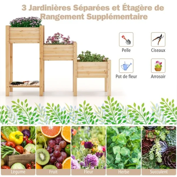Jardinière Surélevée en Bois de Sapin 3 Bacs à Fleurs Trous de Drainage Peinture DIY Jardinière sur Pieds Légumes Fleurs Naturel