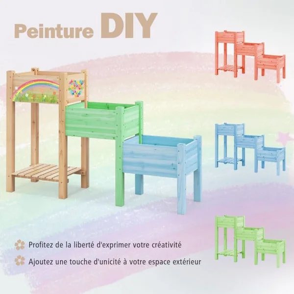 Jardinière Surélevée en Bois de Sapin 3 Bacs à Fleurs Trous de Drainage Peinture DIY Jardinière sur Pieds Légumes Fleurs Naturel