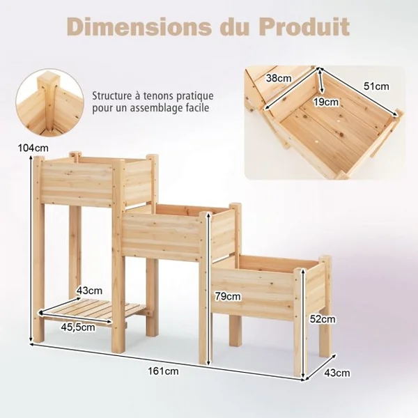 Jardinière Surélevée en Bois de Sapin 3 Bacs à Fleurs Trous de Drainage Peinture DIY Jardinière sur Pieds Légumes Fleurs Naturel