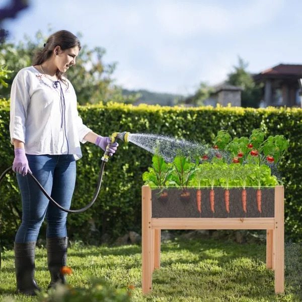 Jardinière Surélevée en Bois Trous de Drainage Panneaux Acryliques Transparent Légumes Herbes Fleurs Capacité de 130 L Naturel
