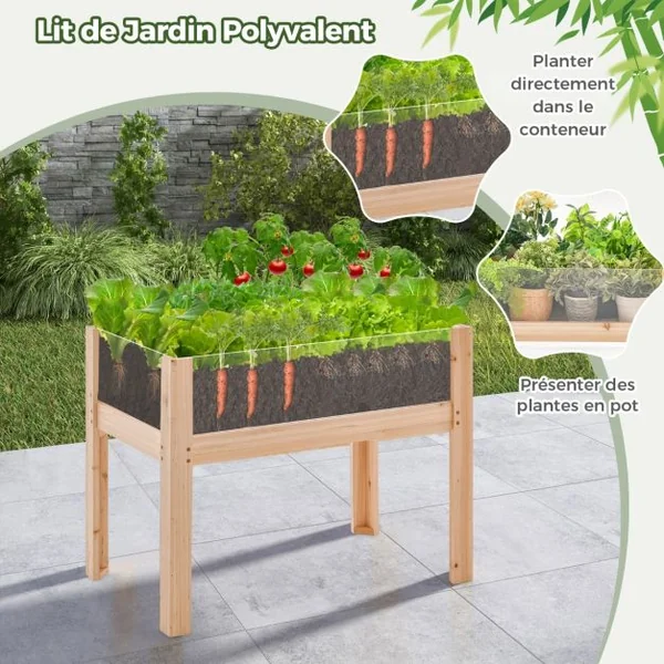 Jardinière Surélevée en Bois Trous de Drainage Panneaux Acryliques Transparent Légumes Herbes Fleurs Capacité de 130 L Naturel