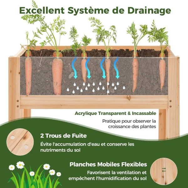 Jardinière Surélevée en Bois Trous de Drainage Panneaux Acryliques Transparent Légumes Herbes Fleurs Capacité de 130 L Naturel