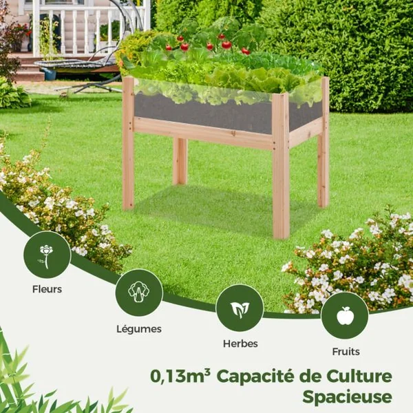 Jardinière Surélevée en Bois Trous de Drainage Panneaux Acryliques Transparent Légumes Herbes Fleurs Capacité de 130 L Naturel