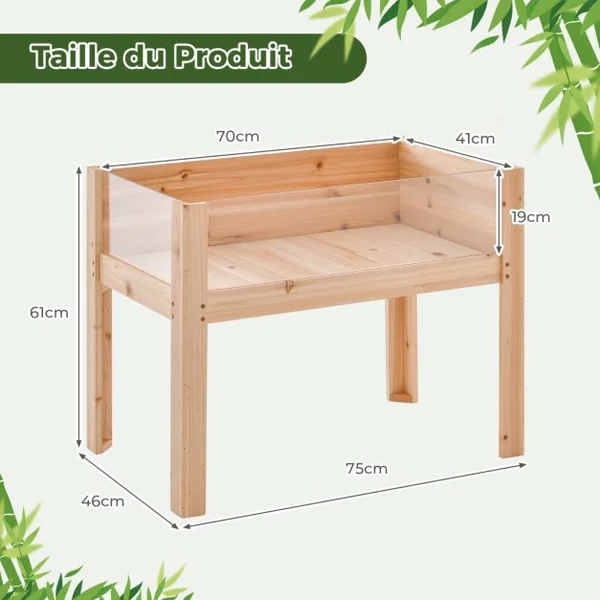 Jardinière Surélevée en Bois Trous de Drainage Panneaux Acryliques Transparent Légumes Herbes Fleurs Capacité de 50L Naturel