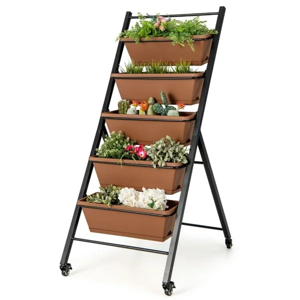 Jardinière Surélevée sur Roulettes 5 Bacs à Fleurs Trous de Drainage Plateau Amovible Légumes Fruits Herbes Café