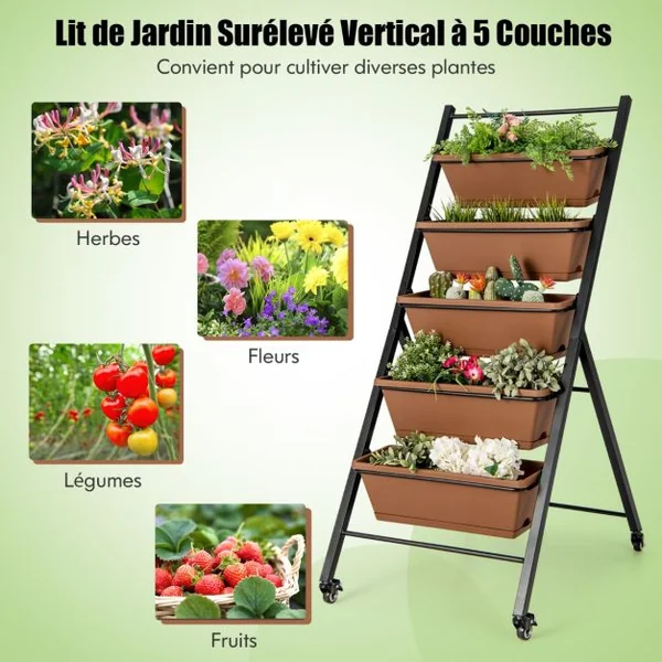 Jardinière Surélevée sur Roulettes 5 Bacs à Fleurs Trous de Drainage Plateau Amovible Légumes Fruits Herbes Café