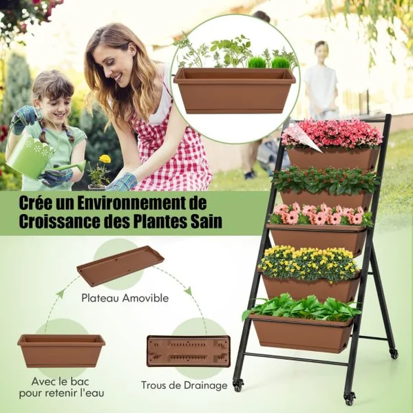 Jardinière Surélevée sur Roulettes 5 Bacs à Fleurs Trous de Drainage Plateau Amovible Légumes Fruits Herbes Café
