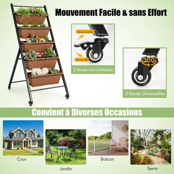 Jardinière Surélevée sur Roulettes 5 Bacs à Fleurs Trous de Drainage Plateau Amovible Légumes Fruits Herbes Café