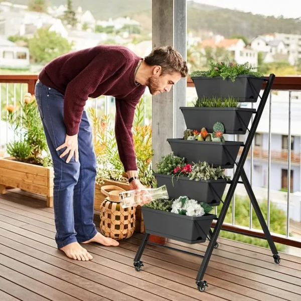Jardinière Surélevée sur Roulettes 5 Bacs à Fleurs Trous de Drainage Plateau Amovible Légumes Fruits Herbes Noir