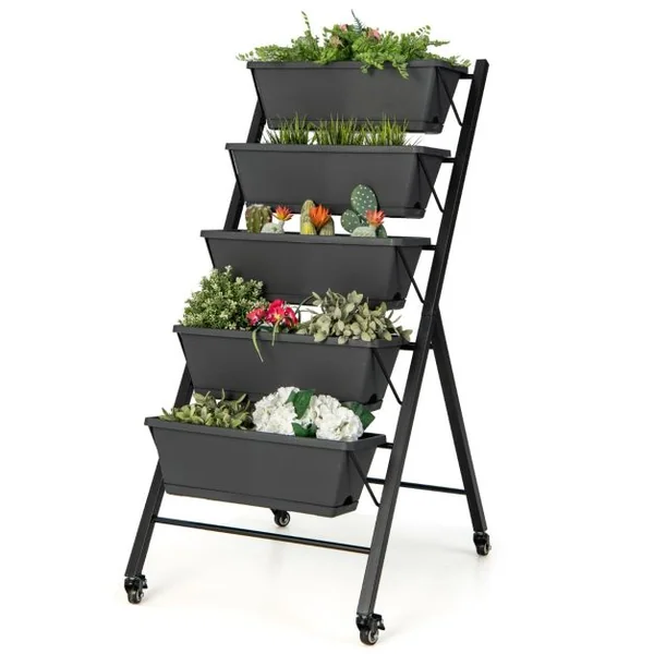 Jardinière Surélevée sur Roulettes 5 Bacs à Fleurs Trous de Drainage Plateau Amovible Légumes Fruits Herbes Noir