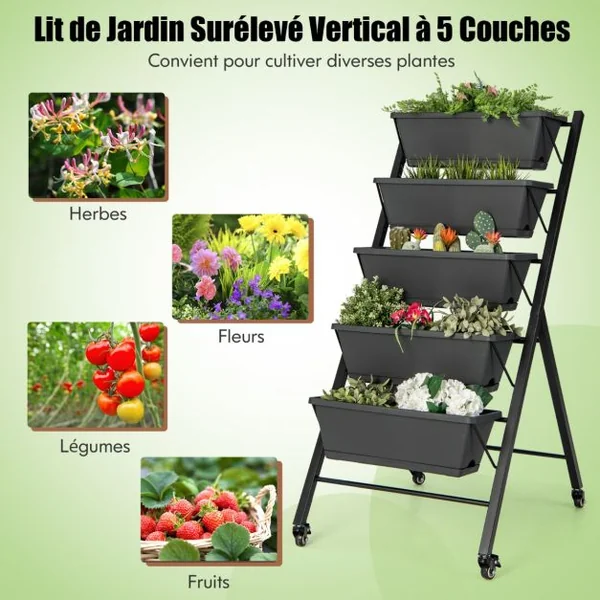 Jardinière Surélevée sur Roulettes 5 Bacs à Fleurs Trous de Drainage Plateau Amovible Légumes Fruits Herbes Noir