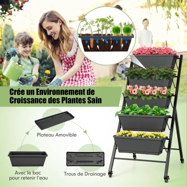 Jardinière Surélevée sur Roulettes 5 Bacs à Fleurs Trous de Drainage Plateau Amovible Légumes Fruits Herbes Noir