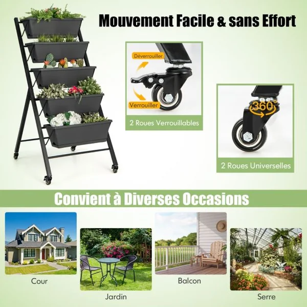 Jardinière Surélevée sur Roulettes 5 Bacs à Fleurs Trous de Drainage Plateau Amovible Légumes Fruits Herbes Noir