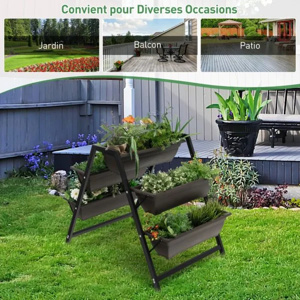Jardinière Surélevée à 3 Niveaux avec 5 Bacs à Plantes Charge 25KG Système de Drainage Lit de Jardin Vertical Cadre en Métal Imperméable 65 x 92 x 79 cm