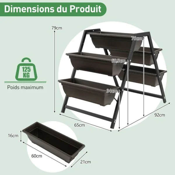 Jardinière Surélevée à 3 Niveaux avec 5 Bacs à Plantes Charge 25KG Système de Drainage Lit de Jardin Vertical Cadre en Métal Imperméable 65 x 92 x 79 cm