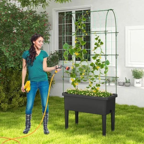 Jardinière Surélevée à Arrosage Automatique avec Treillis Lit de Jardin avec Indicateur de Niveau d'Eau Trou De Drainage pour Fleurs Légumes Noir